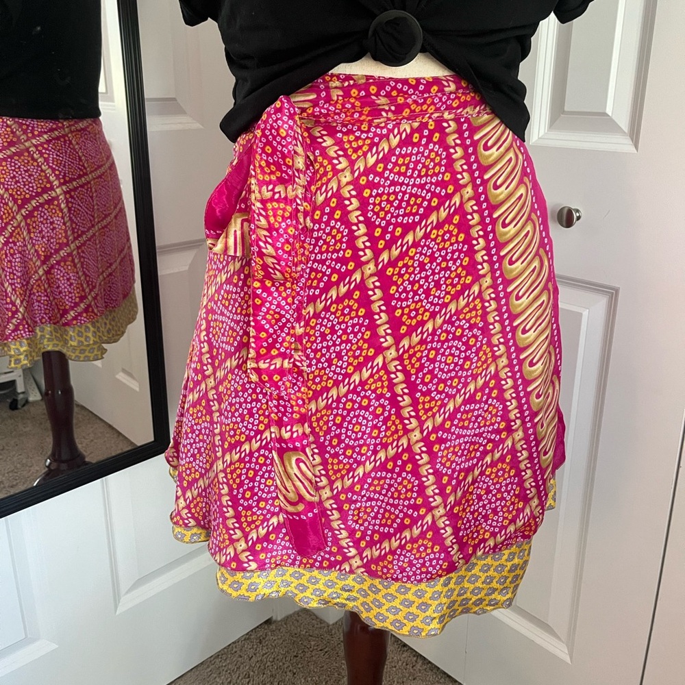 Darn Good Yarn Reversible Sari Wrap Skirt - pink and yellow